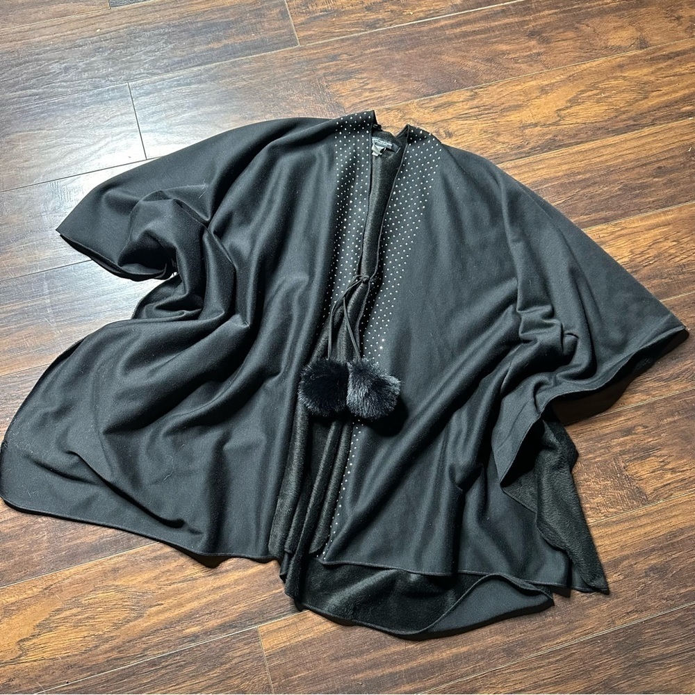 Marc New York Andrew Black Embellished Fleece Lined Tassel Cape